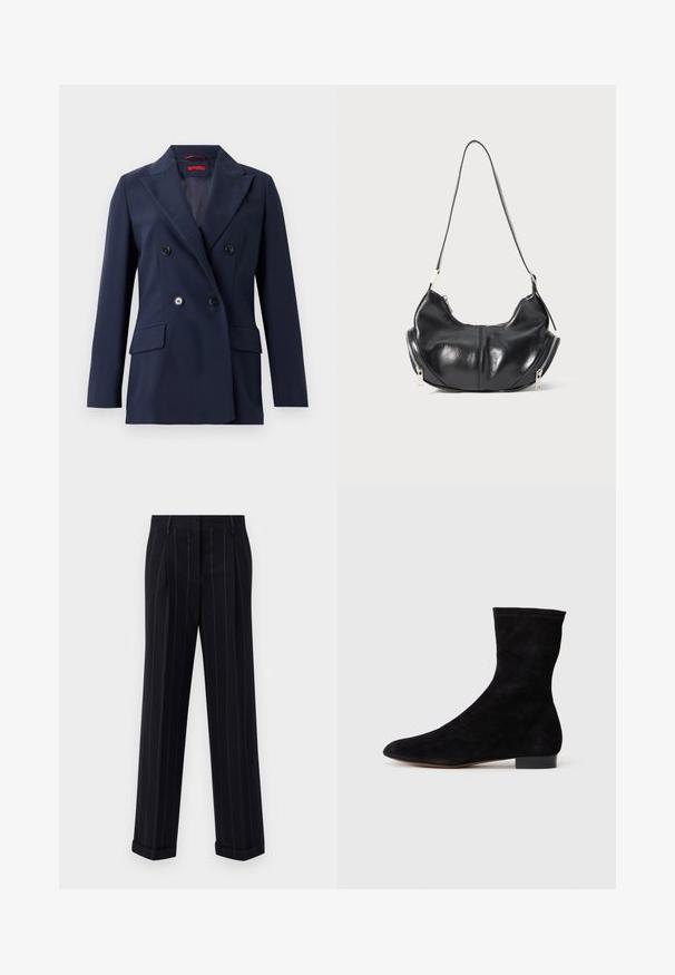 Sötétkék, kétsoros zakó sima anyagból, két elülső zsebbel és fekete gombokkal, strukturált, szabott kialakítással.; Fekete garbó, hosszú ujjakkal, kis fehér szív emblémával a mellkason. Puha anyagú és laza szabású.; Fekete csíkos nadrág, testre szabott fazonnal, cuffolt szegéllyel és elülső redőkkel. Sima anyagból készült, strukturált kialakítással.; Fekete velúr bokacsizma, illeszkedő szárral, hegyes orral és alacsony blokk sarokkal. Simább felület és minimalista dizájn, amely sokoldalú stílushoz megfelelő.; Fekete bőr, félhold alakú válltáska ezüst cipzárakkal mindkét oldalon és egyetlen pánttal.