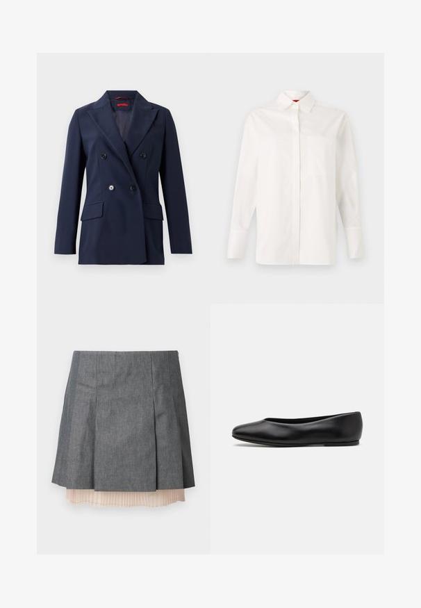 Karinė mėlyna dvigubo užsegimo švarkas, pagamintas iš lygaus audinio, su dviem priekinėmis kišenėmis ir juodais sagų, struktūrizuotu, pritaikytu dizainu.; Balta ilgomis rankovėmis marškiniai, pagaminti iš medvilnės, su klasikiniais apykaklėmis, viena krūtinės kišenė ir mygtukais užsegamomis rankovėmis. Lygi tekstūra, tiesus siluetas.; Pilka pločio sijonas su tekstūruota apdaila, su pusiau permatomu šviesiai rožiniu pločio pamušalu ir šoniniu užtrauktuku.; Paul Smith TOPANGA - Balerinos stiliaus laivutės - black