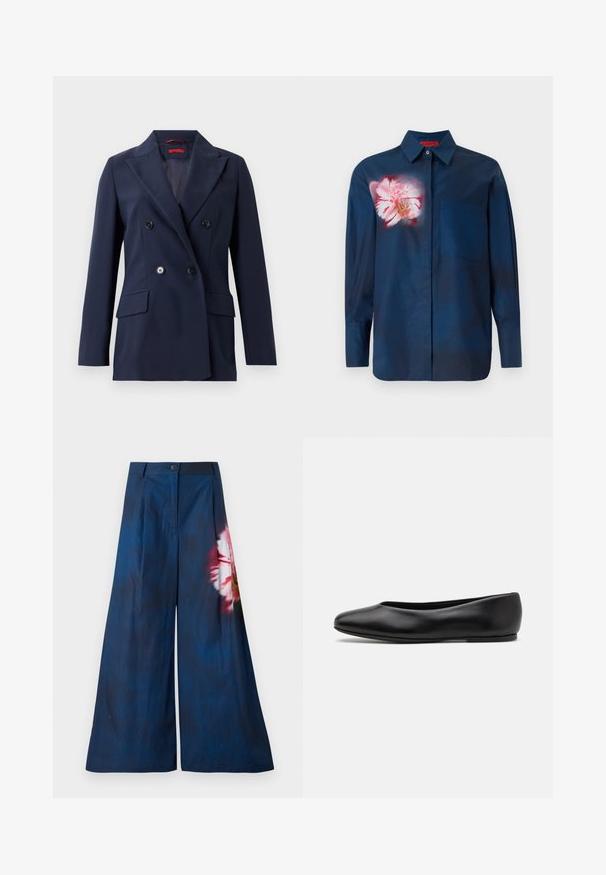 Marineblauwe dubbelgeknoopte blazer van gladde stof, met twee voorzakken en zwarte knopen, in een gestructureerd, op maat gemaakt ontwerp.; Navyblauwe shirt met een bloemenmotief in roze tinten op de linkerborst, voorzien van een button-down kraag en een enkele zak aan de voorkant.; Wijde broek in donkerblauwe stof, met een bloemenprint in roze en geel aan één kant, met een knoopsluiting bij de taille.; Paul Smith TOPANGA - Ballerina's - black