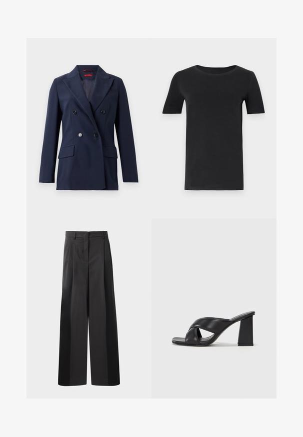 Navy blue double-breasted blazer made of smooth fabric, featuring two front pockets and black buttons on a structured, tailored design.; Black short-sleeve t-shirt made of soft cotton, with a round neckline and a classic fit. Smooth texture, no patterns or embellishments.; Black wide-leg trousers with a high waist, featuring front pleats, a smooth texture, and a tailored finish. Designed for a relaxed fit.; MAX&Co. SOHO - High heeled sandals - schwarz