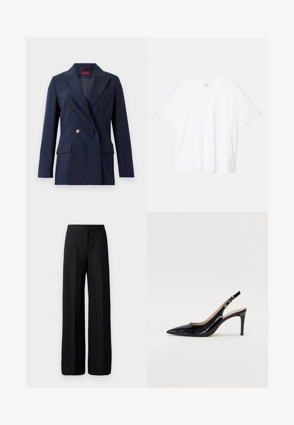 Tumedast sinine topeltkinnitatud bleiser, mis on valmistatud siledast kangast. Bleiseril on kaks esist taskut ja mustad nööbid, omades struktureeritud ja kohandatud disaini.; Valge puuvillane T-särk lühikeste varrukatega, ümmargune kaelus, mugav lõige ja õmmeldud serv. Silt nähtav kaela seest.; Laiad mustad püksid sujuva, mati pinnaga. Tasane vöökoht ilma nähtava riistvara või mustriteta. Lihtne ja elegantne disain.; Must hõbedavärvi patendiga slingback kontsakingad terava varbaga, kitsas konts ja peene lõikega disain. Statistika on kuldne pandla rihmal.