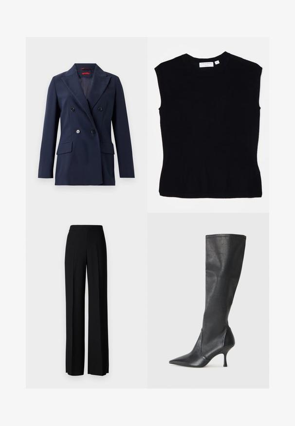 Marineblauwe dubbelgeknoopte blazer van gladde stof, met twee voorzakken en zwarte knopen, in een gestructureerd, op maat gemaakt ontwerp.; Zwart mouwloos topje van gebreide stof, met een ronde halslijn en een aansluitende silhouette met een gladde textuur. Etiket aan de achterkant.; Zwarte wijde broek met een gladde textuur, voorzien van een hoge tailleband en middelste plooien. Geen zichtbare patronen of hardware-details.; Kniehoge zwarte leren laarzen met een spitse neus en een slanke stilettohak. Glad textuur met een aansluitend ontwerp en stiksels aan de bovenrand.