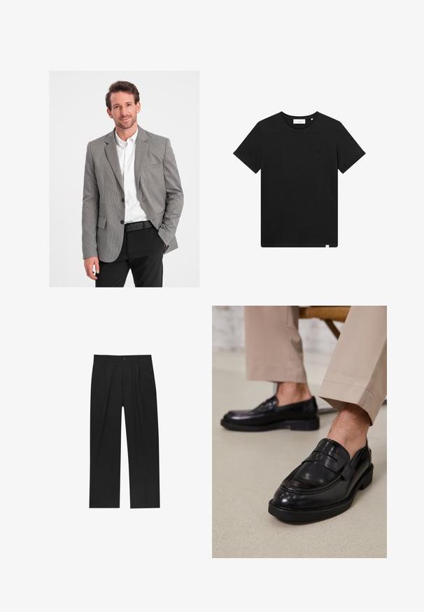 Blazer grigio a motivo houndstooth con revers a notched, due bottoni, tasche frontali, abbinato a una camicia bianca e pantaloni neri. Texture del tessuto liscia.; T-shirt nera a maniche corte in cotone, con scollatura rotonda e un piccolo logo ricamato sul petto. Tessuto liscio, vestibilità standard.; Pantaloni neri con un design a gamba dritta, realizzati in un tessuto liscio. Presentano pieghe frontali e una chiusura a un bottone in vita.; Mocassini in pelle nera con finitura liscia, dotati di una cintura decorativa e cuciture a contrasto, abbinati a pantaloni beige.