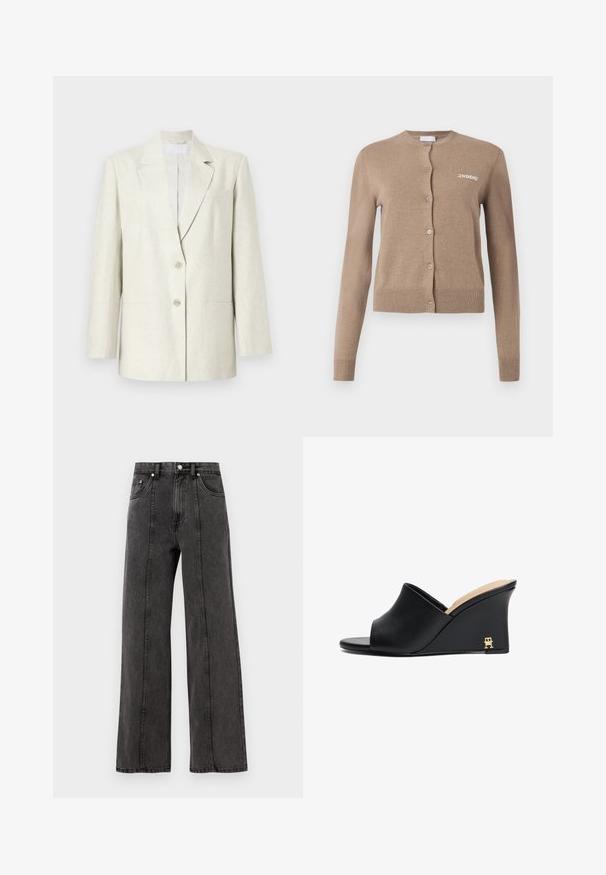 Blazer de color blanco roto con un cierre de botón simple, solapas de muesca y dos bolsillos delanteros. Fabricado con una tela texturizada y con hombros estructurados.; Cárdigan de punto beige con mangas largas, escote redondo y cierre de botones. Cuenta con dobladillo y puños acanalados, con "2ND DAY" bordado en la parte delantera.; Camiseta sin mangas gris de canalé con un cuello redondo y dobladillo recto, que presenta una tela texturizada y costuras sutiles en los hombros.; Vaqueros de mezclilla anchos en negro con cintura alta, que cuentan con bolsillos frontales, costuras visibles y un acabado limpio. Sin adornos ni desgastes.; Sandalias de cuña de cuero negro con puntera abierta y diseño curvado, que presentan un acento metálico dorado en el tacón. Textura suave.