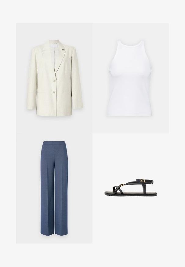 Beżowy żakiet z pojedynczym zapięciem na guzik, klapami w kształcie litery notch oraz dwoma przednimi kieszeniami. Wykonany z teksturowanej tkaniny z wyraźnie zarysowanymi ramionami.; Biała bezrękawnikowa koszulka wykonana z prążkowanej tkaniny, z okrągłym dekoltem i dopasowanym krojem, o minimalnych szwach i bez ozdób.; Spodnie o szerokich nogawkach z teksturowanej niebieskiej tkaniny, z gładkim pasem w talii i wyraźnymi kantami z przodu, prezentujące starannie dopasowany fason.; Czarne skórzane sandały z cienkimi paskami i zapięciem na kostce. Płaska podeszwa o teksturowanym wykończeniu i ząbkowanej krawędzi. Minimalistyczny design.