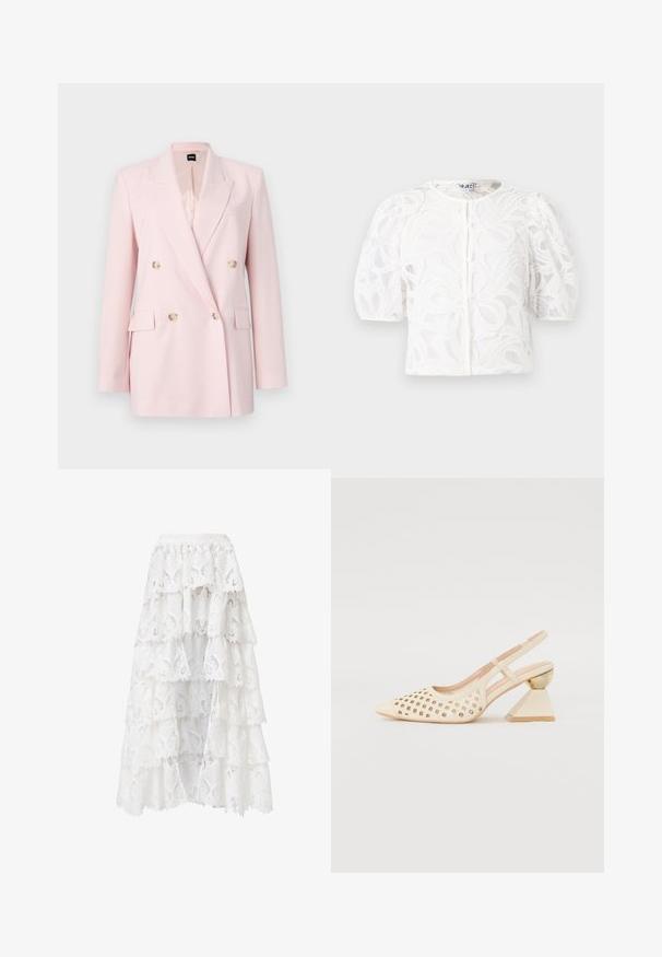 Jasnoróżowa, podwójnie zapięta marynarka wykonana z gładkiego materiału, z złotymi guzikami, wykładanym kołnierzem i dwoma kieszeniami z przodu.; Biała koronkowa bluzka z okrągłym dekoltem, krótkimi puffowanymi rękawami i kwiatowym wzorem. Zawiera zapięcie na guziki i przezroczysty materiał.; Biała spódnica koronkowa z wielowarstwowym wzorem i falbaniastymi krawędziami. Materiał posiada kwiatowy wzór i fakturę, co nadaje jej warstwowy wygląd.; Beżowe buty typu slingback z perforowaną cholewką, spiczastym noskiem i kontrastowym trójkątnym obcasem z złotym akcentem. Całość ma gładką fakturę.