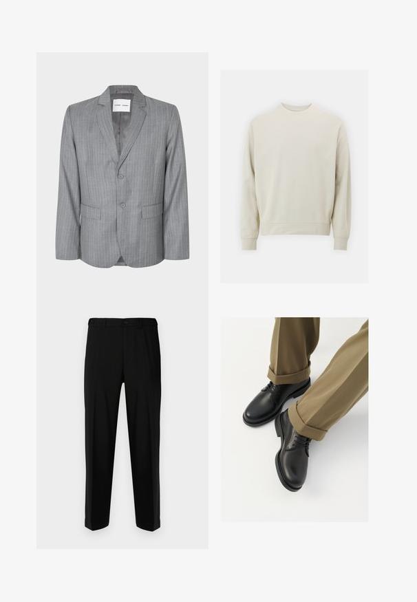 Sacou gri cu dungi fine, cu design cu un singur rând de nasturi, două buzunare frontale și guler cu vârf. Căptușeală interioară netedă, închidere cu două nasturi.; Sweatshirt bej deschis, realizat dintr-un material moale, cu guler rotund, mâneci lungi și manșete și tiv din țesătură elastică. Design minimalist, fără modele vizibile.; Pantaloni negri dintr-un material neted, cu o croială dreaptă, două buzunare frontale și fermoar cu sistem de închidere cu buton.; Pantofi negri din piele cu un finisaj neted, dotati cu sireturi si varf rotunjit, asortați cu pantaloni kaki rulați.