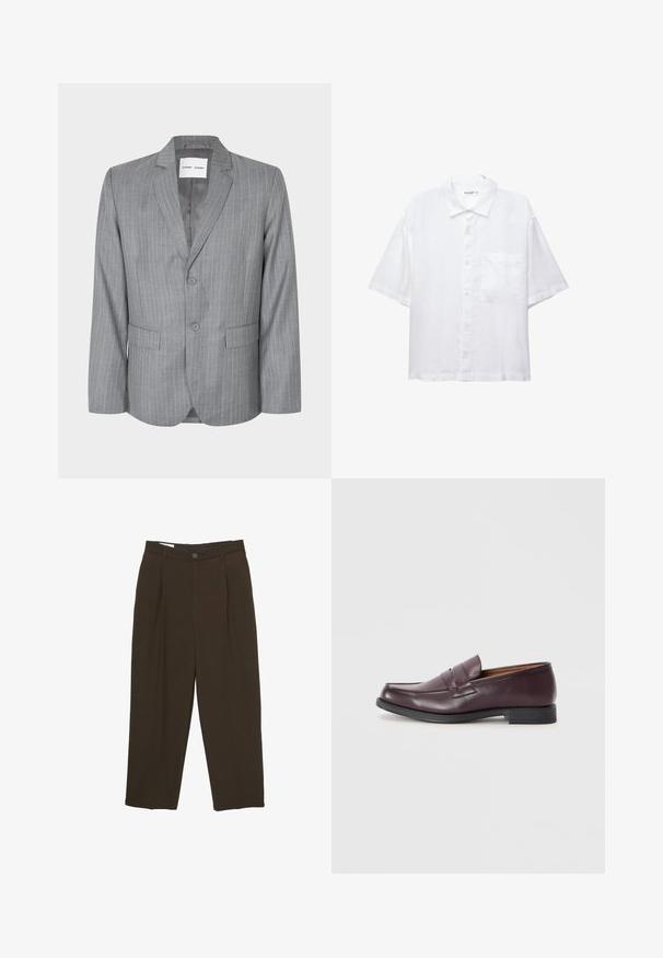 Szürke csíkos blézer, egygombos fazonnal, két elülső zsebbel és hajtott gallérral. Simább bélés, kétgombos záródás.; Fehér, rövid ujjú ing gombos elülső résszel, gallérral és egyetlen mellzsebbel. Könnyű anyagból készült, sima textúrával.; Sötétbarna, szabott nadrág elülső redőkkel, övhurkokkal és gombos záródással a deréknál.; Burgundi bőr loafer cipők lekerekített orral, finom varrott részletekkel és alacsony fekete talppal. Klasszikus dizájn, minimális díszítéssel.