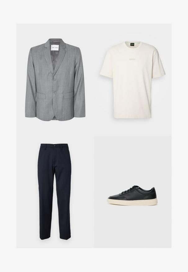 Šedý prúžkovaný blejzer s jednoradovým zapínaním, dvoma prednými vreckami a záhybovým golierom. Hladká vnútorná podšívka, zapínanie na dva gombíky.; BOSS TEE - Základné tričko - open white; Námornícke modré nohavice vyrobené z hladkej látky, s predným gombíkom, rovným strihom a bočnými vrecami. Žiadne vzory ani ozdoby nie sú viditeľné.; Čierne nízkoprevádzkové kožené tenisky s čiernymi šnúrkami a krémovou podrážkou zobrazené v bočnom profile na bielom pozadí.
