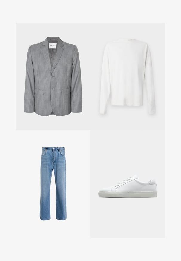 Gray pinstriped blazer with a single-breasted design, two front pockets, and a notched collar. Smooth interior lining, two-button closure.; Long-sleeved white cotton shirt with a round neckline, side slits at the bottom, and a smooth texture, displayed from the back.; Light blue denim jeans with a straight-leg design, five pockets, button closure, minimal fading, and contrasting stitching details.; White sneaker with a smooth leather upper and a low profile. Features a rounded toe, six eyelets, and a textured rubber sole.
