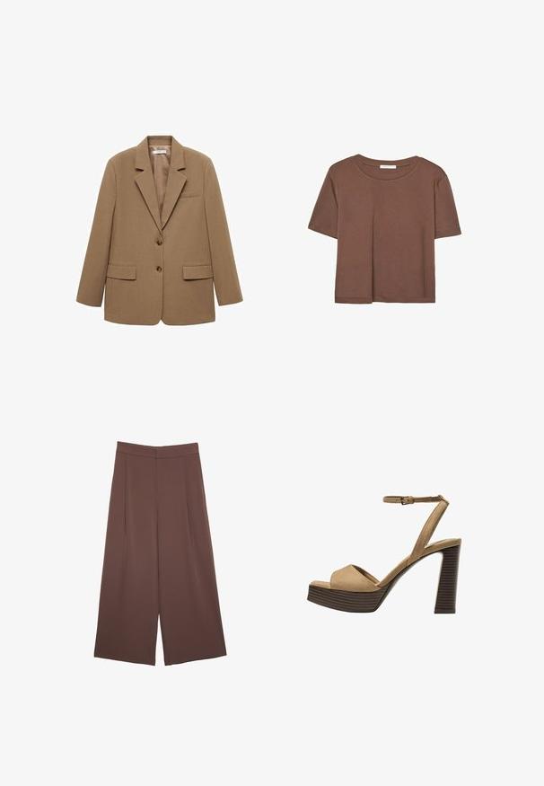 Mango Blazer - brown; Korte mouwen T-shirt in bruin, gemaakt van een zachte stof, met een ronde halslijn en een relaxte pasvorm. Geen zichtbare patronen of accenten.; Bruine wijde broek met een gladde textuur, voorzien van een hoge taille en plooien aan de voorkant. De stof is lichtgewicht en valt losjes.; Beige suède hoge hakken sandalen met een brede voorband en enkelband, met een dikke houten blokhak met een gestructureerde afwerking.