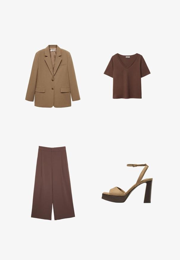 Mango Blazer - brown; Braunes Baumwoll-T-Shirt mit kurzen Ärmeln und tiefem V-Ausschnitt. Einfaches Design, weiche Textur und gerade Saumlinie. Keine Muster oder Akzente.; Braune Weite-Leg-Hosen mit einer glatten Textur, hoher Taille und Vorderfalten. Der Stoff ist leicht und fällt locker.; Beige Wildleder-Pumps mit hohem Absatz, breitem Vorderband und Knöchelriemen, ausgestattet mit einem klobigen Holzblockabsatz mit strukturiertem Finish.