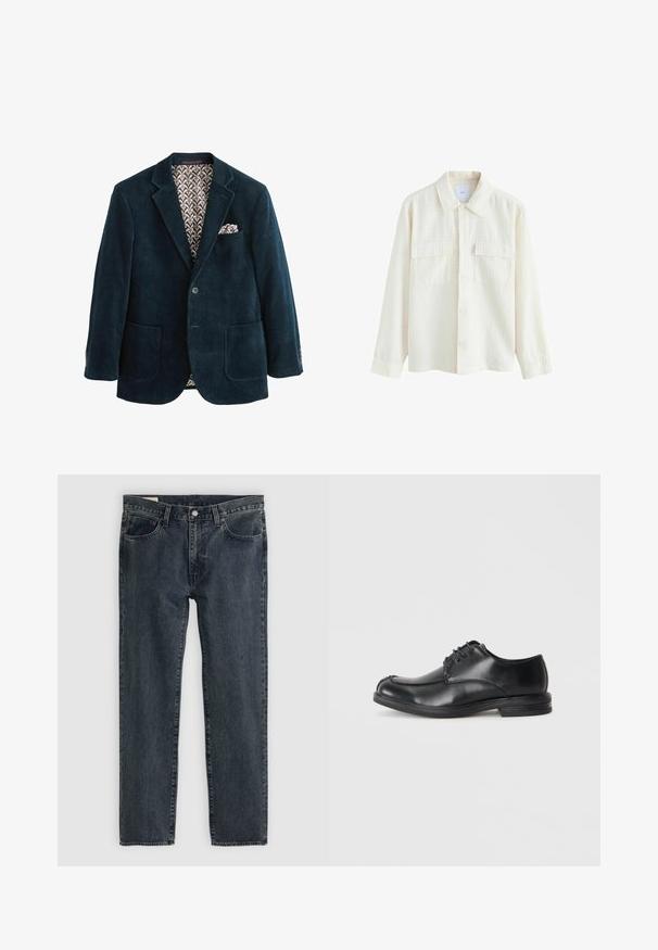 Blazer de pana azul marino con solapa de muesca, dos bolsillos frontales y forro marrón estampado. Presenta un pañuelo en el bolsillo del pecho.; Camisa de botón de color crema hecha de tela texturizada, con cuello, dos bolsillos en el pecho y mangas largas con puños de botón.; Vaqueros de mezclilla azul oscuro con un diseño de pierna recta, cinco bolsillos y cierre de botón. La tela presenta un sutil desgaste y textura.; Zapatos de cuero negro con cordones y puntera redondeada, de textura suave y tacón bajo. Presentan detalles de costura a lo largo de la parte superior y los lados.