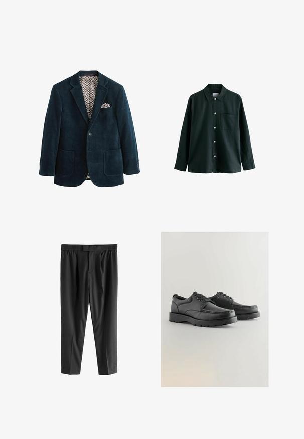 Tamsiai mėlynas kordūro odinis švarkas su įstrižais lapeliais, dviem priekinių kišenėmis ir marginta ruda pamušalu. Yra kišeninė nosinaitė krūtinės kišenėje.; Tamsiai žalia marškinėliai su apykakle, ilgomis rankovėmis ir viena krūtinės kišene; turi baltus mygtukus ir švelnų tekstūrą.; Next REGULAR FIT -CHECK SMART - Chino stiliaus kelnės - black; Juodos odinės bateliai su tekstūruota viršutine dalimi, apvaliu priekiu, raištelių dizainu ir storais guminiais padais su protektoriumi.