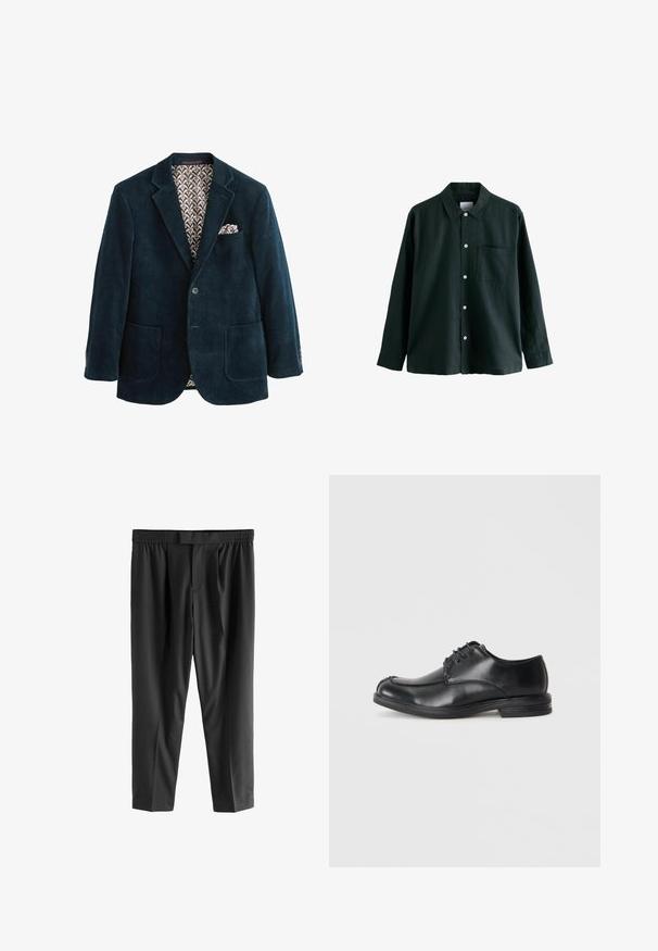 Blazer de pana azul marino con solapa de muesca, dos bolsillos frontales y forro marrón estampado. Presenta un pañuelo en el bolsillo del pecho.; Camisa de botón de color verde oscuro con cuello, mangas largas y un bolsillo en el pecho; cuenta con botones blancos y una textura suave.; Next REGULAR FIT -CHECK SMART - Pantalones chinos - black; Zapatos de cuero negro con cordones y puntera redondeada, de textura suave y tacón bajo. Presentan detalles de costura a lo largo de la parte superior y los lados.