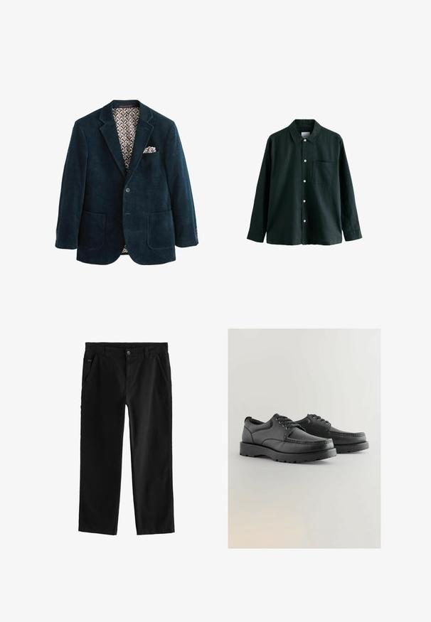 Marineblå kordfløjl blazer med klapkrave, to forlommer og mønstret brun foring. Har en lommefyrkant i brystlommen.; Mørkegrøn skjorte med knaplukning, krave, lange ærmer og en enkelt brystlomme; har hvide knapper og en blød tekstur.; Sorte bomuldsbukser med lige ben-design, der har en frontknaplukning, skrå sidelommer og subtile sydetaljer.; Sorte lædersko med struktureret overdel, rund tå, snørebåndsdesign og tykke gummisåler med et slidbanemønster.