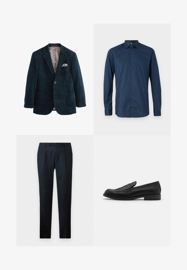 Morska plava kordura sako s izrezanim reverom, dva prednja džepa i uzorkastim smešnim oblogom. Sadrži maramicu u džepu na prsima.; Mornarsko plavi dukserica dugih rukava s dugmadi, izrađena od glatke tkanine. Ima standardnu okovratnik, prednji pas s dugmadi u istom tonu i manžete na rukavima.; Crne krojene hlače od glatkog materijala, s dizajnom uskog kroja, dva prednja nabora i ravnim pojasom bez vidljivih metalnih dijelova.; Crne kožne mokasine s glatkom površinom, zaobljenim vrhom i malim dekorativnim preklopom. Imaju nisku složenu petu i suptilni detalj s brandom.