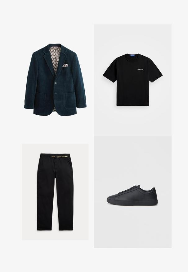 Námořnický kordurový blejzr s klopami, dvěma předními kapsami a vzorovanou hnědou podšívkou. Obsahuje kapesník v náprsní kapse.; Černé bavlněné tričko s kulatým výstřihem a krátkým rukávem. Na levé hrudi se nachází bílé logo "POLO SPORT". Standardní střih.; Černé kalhoty vyrobené z lehkého materiálu, s elastickým pasem a integrovaným zeleným páskem, rovného střihu a bočními kapsami.; Černé tenisky z hladké kůže s nízkým designem, kulatou špičkou a plochou gumovou podrážkou. Mají šněrování a nenápadné branding.