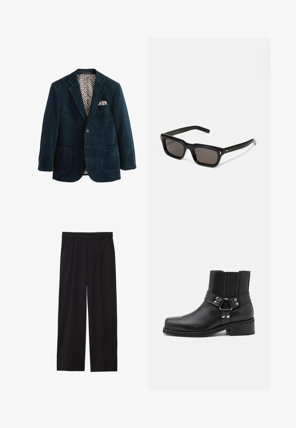 Blazer de pana azul marino con solapa de muesca, dos bolsillos frontales y forro marrón estampado. Presenta un pañuelo en el bolsillo del pecho.; Top de tirantes blanco con textura acanalada que presenta un gráfico de cadena plateada con dos placas de identificación que muestran el texto: "ODIO" y "COMPASIÓN".; Pantalones de pierna ancha negros con frente plisado, bolsillos laterales y una textura de tela suave. Diseñados para un ajuste relajado.; The Kooples CHAUSSURES - Botines camperos - black; Gafas de sol rectangulares negras con lentes oscuros, marco de plástico grueso, acentos dorados en las patillas y logotipo de la marca grabado en el brazo.