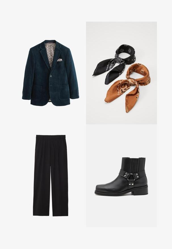 Marineblaues Cord-Jacket mit Reverskragen, zwei vorderen Taschen und gemustertem braunem Futter. Mit einem Einstecktuch in der Brusttasche.; Weißes geripptes Tanktop mit einem silbernen Kettenmotiv und zwei Hundemarken, die die Texte "HASS" und "MITGEFÜHL" zeigen.; Schwarze, weite Hose mit gefälteltem Vorderteil, seitlichen Taschen und einer glatten Stoffstruktur. Entworfen für eine entspannte Passform.; The Kooples CHAUSSURES - Cowboy-/Bikerstiefelette - black; Zwei gemusterte Schals: einer schwarz mit weißen Designs, der andere braun mit orangefarbenen Akzenten. Beide sind aus Satin gefertigt und haben spitz zulaufende Enden.