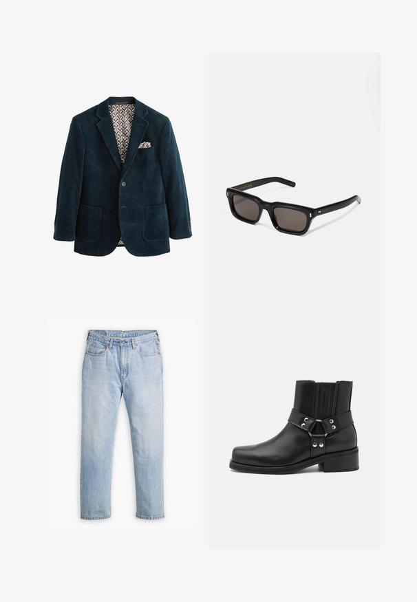 Blazer din corduroy albastru marin cu revere în formă de V, două buzunare frontale și căptușeală maro cu model. Include un batistă în buzunarul de la piept.; Top din bumbac alb, cu dungi, prezentând un grafic cu o lanț argintiu și două etichete pentru câini cu inscripțiile: "URĂ" și "COMPASIUNE."; Jeans din denim de un albastru deschis, cu un design drept al picioarelor, stil cu cinci buzunare și cusături contrastante. Închidere cu nasture și fermoar la talie.; The Kooples CHAUSSURES - Botine cowboy/biker - black; Ochelari de soare negri, rectangul care au lentile întunecate, ramă din plastic gros, accente aurii pe brațe și logo-ul brandului gravat pe mâner.