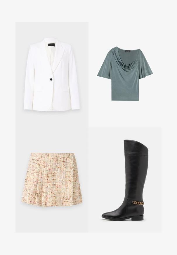 Biała, dopasowana marynarka uszyta z gładkiego materiału, z pojedynczym czarnym guzikiem, klapami w serek oraz dwiema przednimi kieszeniami. Wnętrze jest podszewkowane.; Krótki rękaw top w jasnobezowym materiale z opadającym dekoltem i swobodnymi rękawami. Gładka tekstura, skromny krój i jednolity kolor.; Krótka, plisyowana spódnica z teksturowanej tkaniny w neutralnych odcieniach z subtelnymi plamkami koloru. Posiada frędzlowe wykończenie po boku.; Wysokie czarne skórzane botki o eleganckim designie, ze spiczastym noskiem i złotym łańcuszkiem na kostce. Niski blokowy obcas. Gładka tekstura.