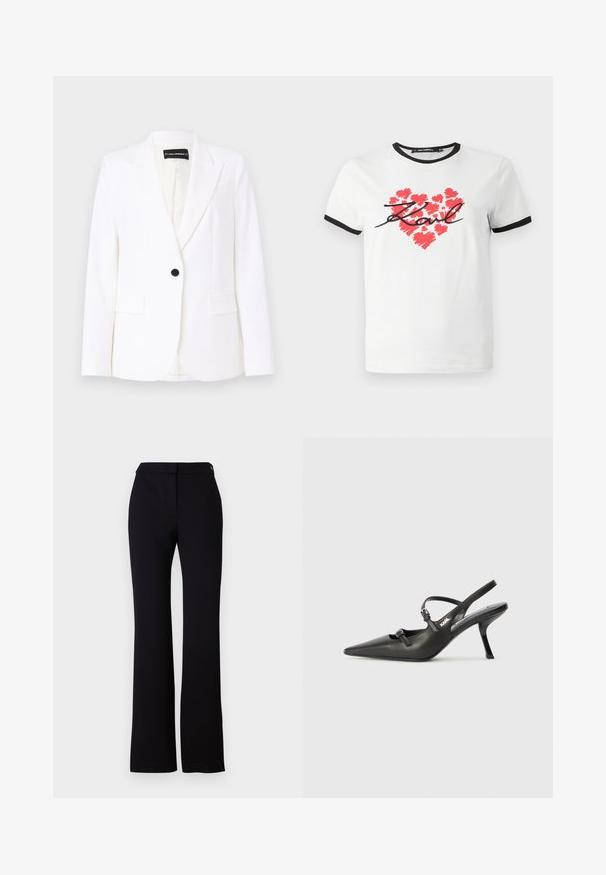 Witte getailleerde blazer van soepel materiaal, met een enkele zwarte knoop, notch-revers en twee voorkeurszakken. Binnenvoering is gevoerd.; Witte katoenen t-shirt met zwarte afwerking, featuring een rode hartafbeelding gemaakt van penseelstreken en handgeschreven tekst "Karl" in het zwart.; Zwarte broek met een rechte snit, een gladde textuur en een tailleband met een enkele knoopsluiting. Geen zichtbare patronen of accenten.; Zwarte leren slingback hakken met een spitse neus, slanke hak en decoratieve gespdetails op de bovenkant. Gladde textuur en een strakke uitstraling.