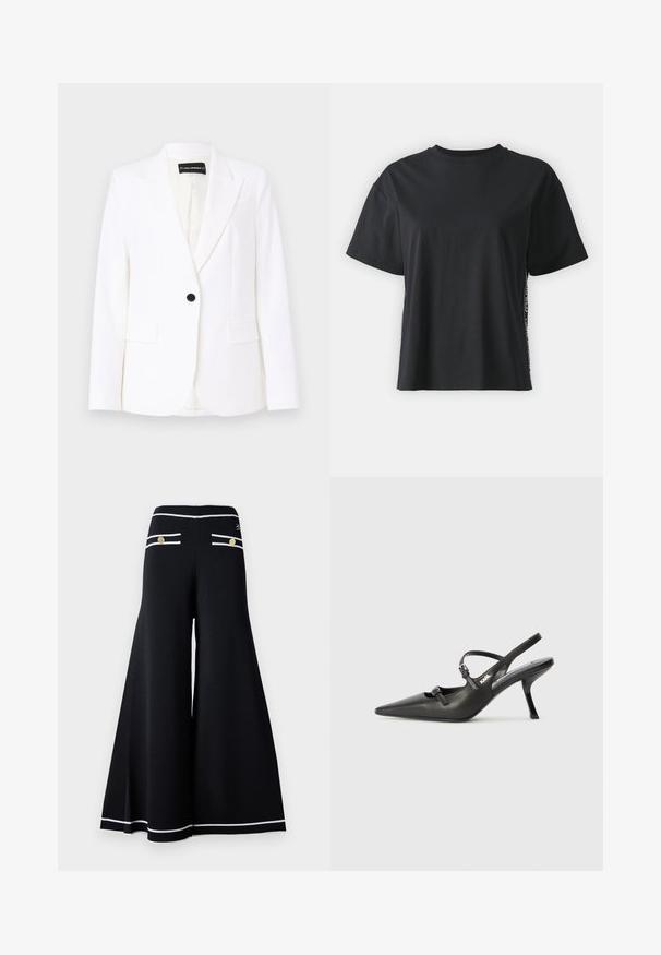 Baltas pritaikytas švarkas, pagamintas iš lygaus audinio, turintis vieną juodą mygtuką, notch tipo apykaklę ir dvi priekines kišenes. Vidus išklotas.; Juoda trumpomis rankovėmis medvilninė marškinėliai su laisvu siluetu ir kontrastine šonine juostele, kurioje yra mažas tekstas ir dizaino detalės.; Juodos plačios kelnės su baltomis apdailos juostelėmis, su aukso mygtukais ant užpakalinių kišenių ir glotnaus, tekstūrinio audinio apdaila.; Juodi odiniai slingback kulniukai su smailiu pirštu, siauru kulnu ir dekoratyvine sagtimi viršuje. Lygus paviršius ir elegantiškas dizainas.