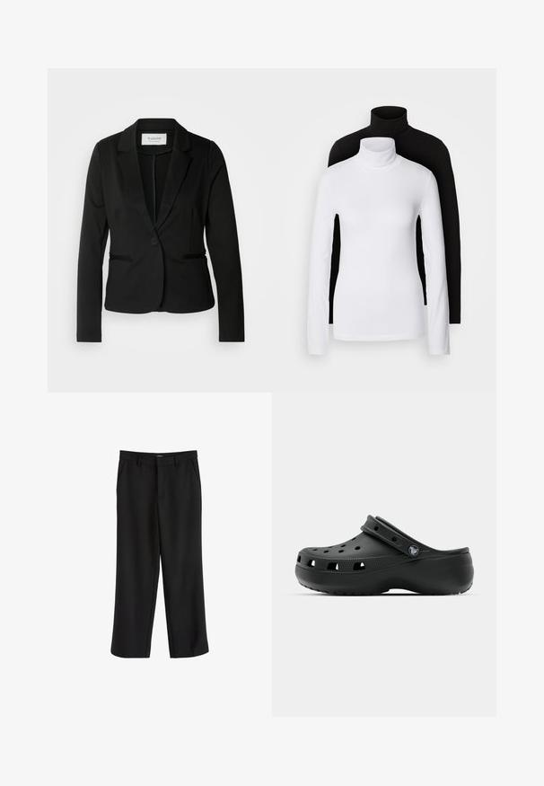 Fekete blézer klasszikus hajtókával, eg gombos zárással és két elülső zsebbel. Simább anyagból készült, testhezálló fazonnal.; Két hosszú ujjú garbó felső, az egyik fehér, a másik fekete, sima, rugalmas anyagból készült, mindkettő karcsú szabású és magas nyakú.; Fekete nadrág sima anyagból, egyenes lábmegoldással és sima elülső zsebekkel. Derékpánttal és övakasztókkal rendelkezik. Nincs látható minta.; Fekete gumi klumpa szellőzőnyílásokkal, emelt sarkú, hátsó pánttal és texturált talppal. Simított felület, minimalista dizájn.