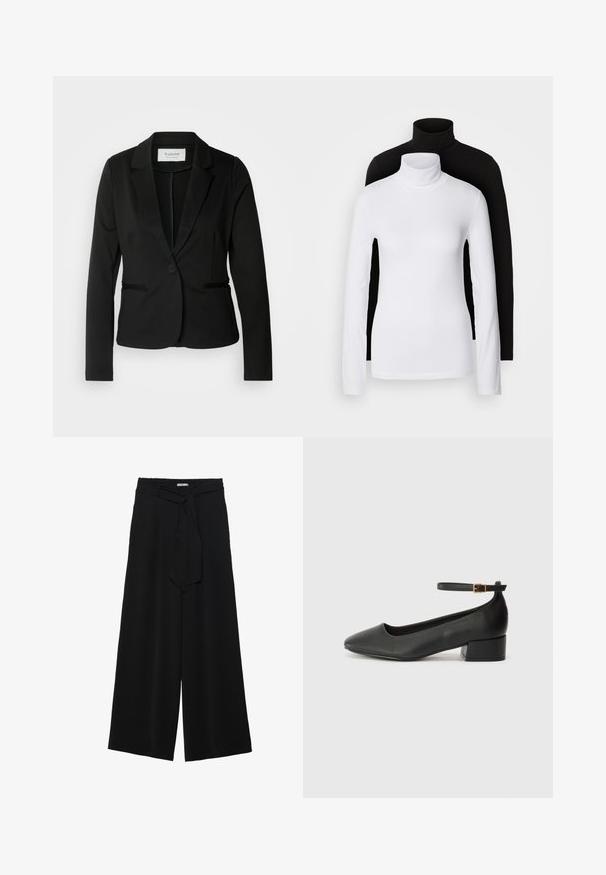 Juodas švarkas su klasikine apykakle, vienu mygtuko užsegimu ir dviem priekinėmis kišenėmis. Pagamintas iš lygios medžiagos su pritaikytu siluetu.; Du kišeninės ilgomis rankovėmis turtleneck marškiniai, vieni balti, kiti juodi, pagaminti iš lygaus, tampraus audinio, abu su siauru figūrą pabrėžiančiu dizainu ir aukštais apykaklėmis.; Juoda plačių kojų kelnės, pagamintos iš tekstūruoto audinio, su elastingu juosmeniu ir atsegamu diržu juosmenyje, leidžiančiu reguliuoti dydį.; Juodas odinis aukštakulnis batelis su smailiu pirštu ir žemu bloku. Su kulkšnies dirželiu su auksinės spalvos sagtimi. Lygus paviršius.