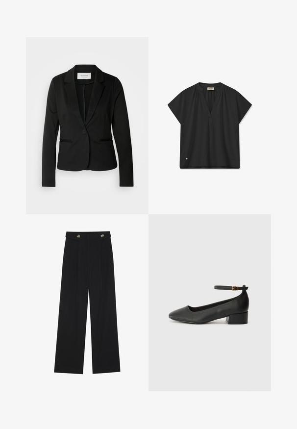 Sacou negru cu rever clasic, închidere cu un singur buton și două buzunare frontale. Fabricat dintr-un material neted cu o croială ajustată.; Bluză neagră cu mâneci scurte și decolteu în V, cu detalii pliate la umeri și un accent subtil de logo la tiv. Textură netedă.; Pantaloni negri cu picioare largi, talie înaltă, detalii cu butoane pe talie și pliseuri în față.; Pantof cu toc negru din piele, cu vârf ascuțit și toc mic pătrat. Dispune de o curea la gleznă cu o cataramă în tonuri de aur. Textură netedă.