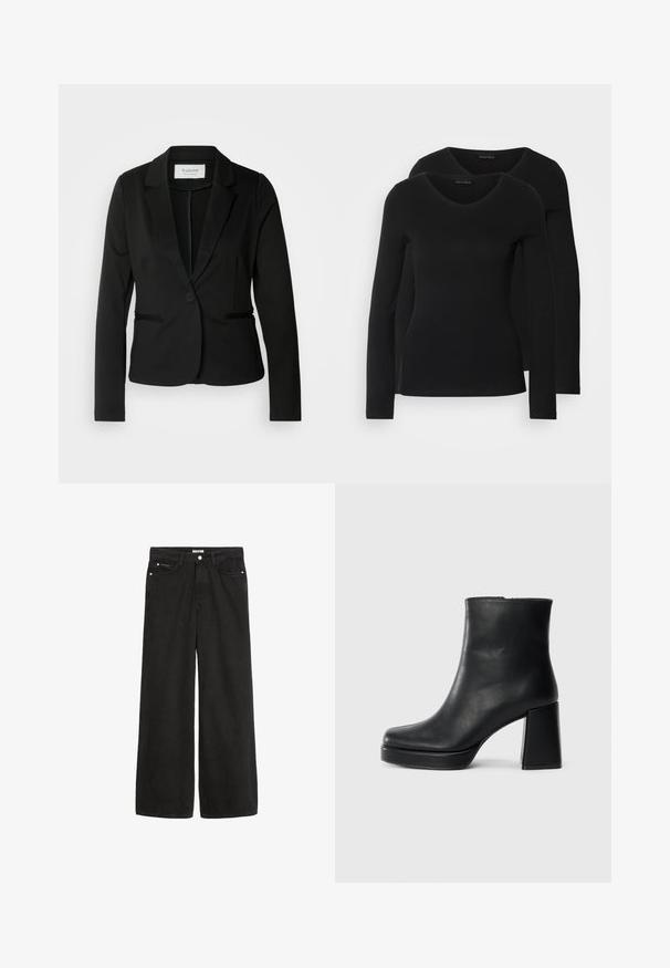 Svart kavaj med klassisk slag, enkel knappstängning och två framfickor. Tillverkad av ett glatt material med en skräddarsydd passform.; Två svarta långärmade tröjor med V-ringning, tillverkade av mjukt, stretchy tyg, som visar en slät textur och en figursydd form.; Vidbenade svarta denimjeans med hög midja. Har fem fickor, metallbeslag och en ren finish. Texturen är slät och mjuk.; Svart läderankelboot med blockklack och platåsula, sedd från sidan på en enkel vit bakgrund.