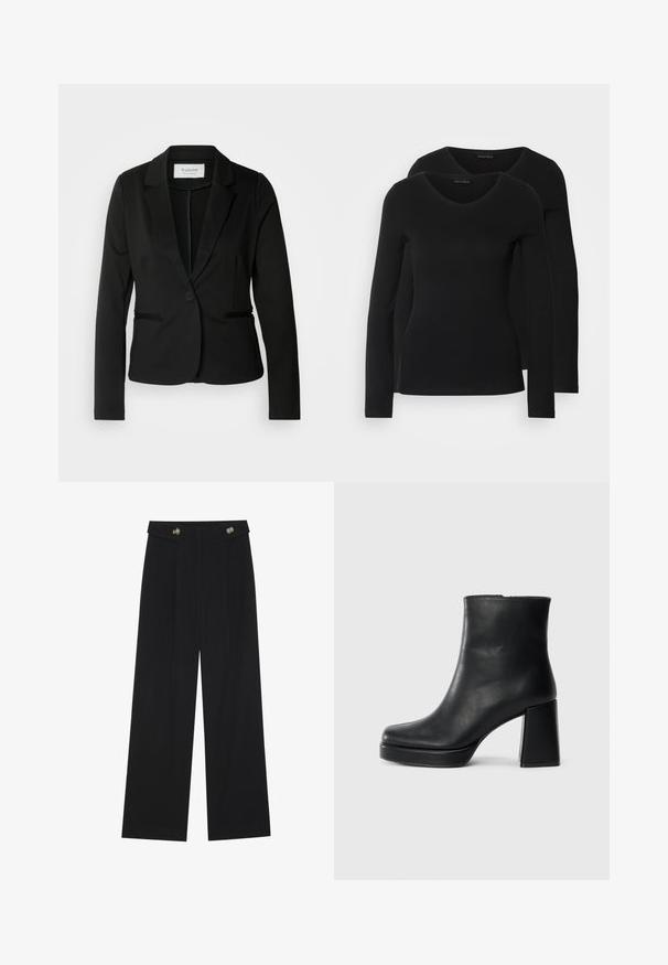 Crni sako s klasičnim reverom, zatvaranjem na jedan gumb i dva prednja džepa. Izrađen od glatkog materijala s prilagođenim krojem.; Dva crna majice dugih rukava s V-izrezom, izrađene od mekanog, rastezljivog materijala, s glatkom teksturom i prilagođenim oblikom.; Crne hlače širokih nogavica s visokim strukom, s dugmadi na pojasu i prednjim nabora.; Crna kožna čizma do gležnja s blok petom i platformom, prikazana s bočne strane na jednostavnoj bijeloj pozadini.