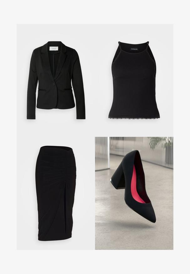 Svart kavaj med klassisk slag, enkel knappstängning och två framfickor. Tillverkad av ett glatt material med en skräddarsydd passform.; Svart ribbad linne med scallop-mönstrad spetskant i nederkant. Har tunna axelband och en figurnära design. Tillverkad av elastiskt tyg.; Svart, rynkad pennkjol med knytning och en sidoslits. Tillverkad av ett elastiskt tyg, med en jämn yta och figurnära design.; Svart högklackad sko med spetsig tå och texturerad ovandel. Insidan har en ljusrosa foder. Fyrkantig klack med metallisk detalj vid basen.