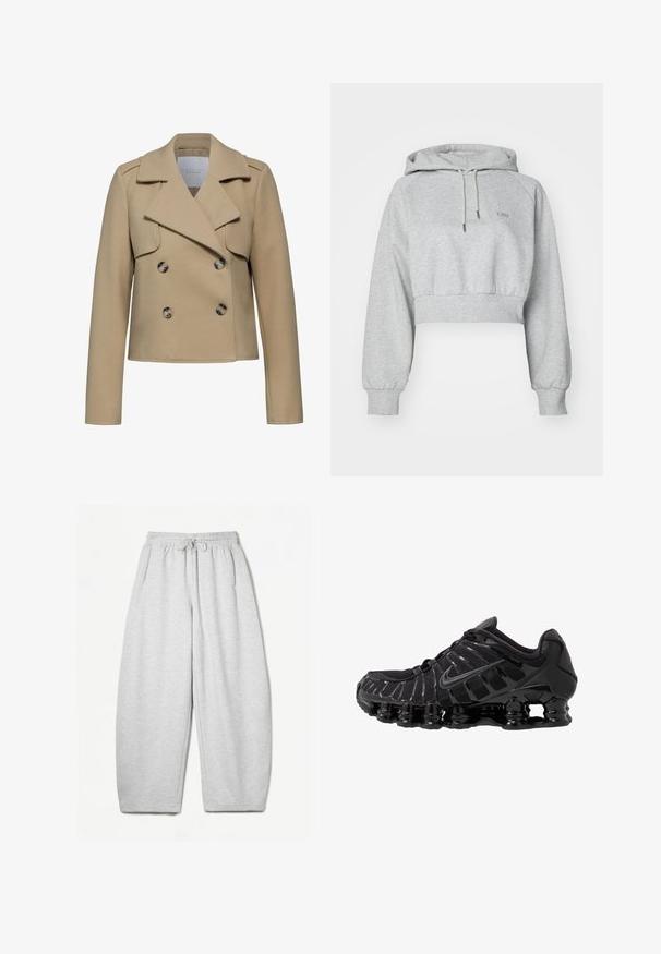 Béžový dvouřadý vlněný kabát s klopovým límcem, dlouhými rukávy a dvěma velkými knoflíky. Obsahuje přední kapsy s klopou a má přesný střih.; Šedá zkrácená mikina s kapucí vyrobená z měkké tkaniny, s přední kapsou, stažením na kapuci a žebrovanými manžetami. Na hrudi je decentní logo.; Šedé tepláky s uvolněným střihem, elastickým pasem, šňůrkou a bočními kapsami; vyrobeny z měkké, strukturované tkaniny.; Černá sportovní bota s síťovaným svrškem a lesklými detaily. Má zakřivené odpružení z pružin a texturované linie na straně. Viditelné logo Nike.