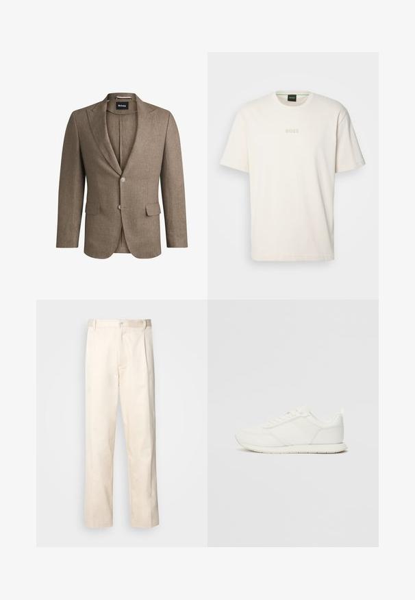 Pruun bleiser tekstureeritud kangast, millel on lõigatud kaelus, kaks eesmist taskut ja ühekordne nööp. Kätel kaks nööpi.; BOSS TEE - Lihtne T-särk - open white; Beesidised puuvillased püksid sirge jala lõikega, mis on varustatud nööpkinnituse ja ees olevate voltidega, et lisada detaili.; Valged tennisesid, millel on võrgust ja sünteetilisest materjalist ülemine osa, ümar varvas, lamedad paelad ja tekstureeritud külgmine triip. Kummist tallaosa, tagaküljel tõmbetab.