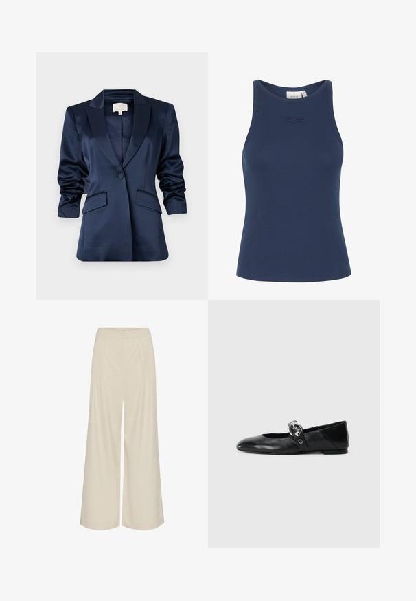 Blazer satiné marine avec un revers structuré, un bouton unique, deux poches avant et des manches légèrement froncées. Texture lisse et coupe ajustée.; Débardeur ajusté bleu marine en tissu côtelé, avec un col rond et un logo brodé discret sur la poitrine.; Pantalons larges en tissu beige clair, avec des plis, une taille haute et une texture lisse sans embellissements visibles.; Ballerines en cuir noir avec un bout pointu, dotées d'une sangle avec une boucle métallique circulaire et d'une semelle plate.