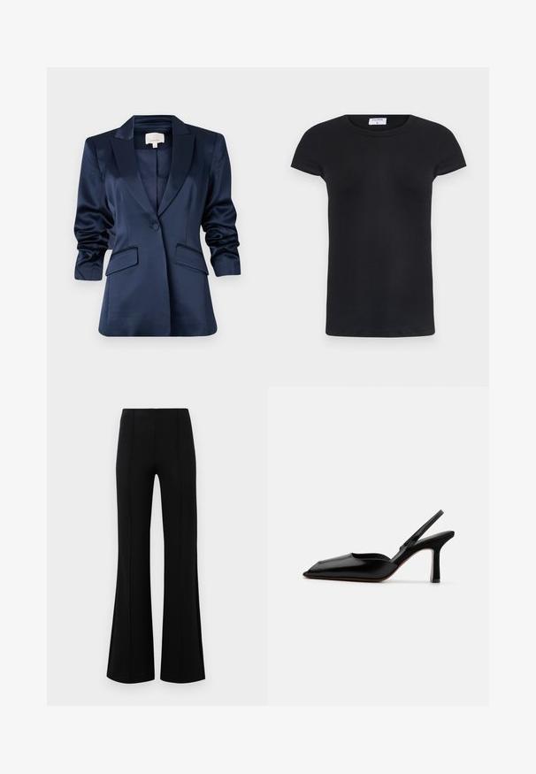 Granatowa satynowa marynarka z wykrojem klapy, pojedynczym guzikiem, dwoma przednimi kieszeniami i lekko gathered rękawami. Gładka faktura i dopasowany krój.; Czarny prążkowany T-shirt z okrągłym dekoltem i krótkimi rękawami. Miękki materiał o dopasowanym kształcie, z metką na dekolcie.; Czarne rozszerzane spodnie z wysokim stanem, wykonane z elastycznego materiału. Posiadają pionowe szwy z przodu oraz gładką teksturę.; Czarne skórzane czółenka typu slingback z wąskim noskiem, minimalistyczny design, cienki pasek wokół kostki i elegancka szpilka. Gładka tekstura.