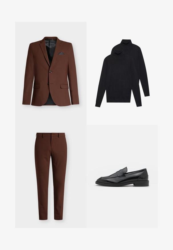 Blazer castanho com um corte ajustado, dois bolsos frontais, um bolso de peito único com um accento escuro e um interior forrado a malha preta.; Dois suéteres de gola alta pretos de manga longa, malha simples, empilhados com um ligeiramente atrás do outro sobre um fundo branco.; Calças castanhas sob medida feitas de um tecido suave; apresentam um design elegante com frente lisa e passantes para cinto.; Mocassins de couro preto com um acabamento suave, apresentando uma ponta arredondada e uma faixa estreita na parte superior. Salto baixo empilhado.