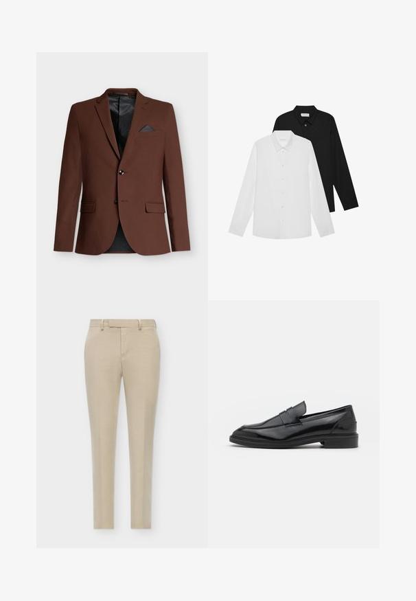 Brown blazer with a tailored fit, two front pockets, a single breast pocket with a dark accent, and a black mesh-lined interior.; White and black long-sleeve shirts with pointed collars, front buttons, and a smooth fabric texture. Labels visible on the inside neck.; Beige tailored trousers with a slim fit, featuring a flat front, discreet side pockets, and a smooth, textured fabric.; Black leather loafers with a smooth finish, featuring a rounded toe and a narrow band across the upper. Low stacked heel.