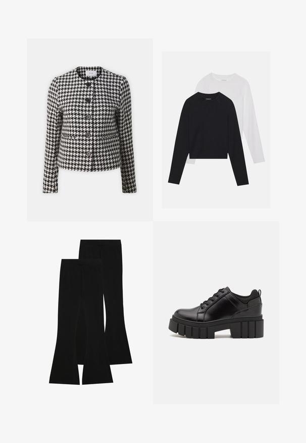 Mustvalge hunduhammas mustriga jakk ümarate kaelustega, pikkade varrukatega ja eesnuppe sulgemisega; sisaldab nelja musta nuppu ja on istuv disain.; Kaks pikade varrukatega särki: üks must ja teine valge. Mõlemal on ümar kaelus, raglanvarrukad ja pehme puuvillasegu kangas.; Mustad klombid, mis on valmistatud venivast kangast, kõrge vöökoht ja siledat tekstuuri, sobiva disainiga, mis laienevad põlve kõrguselt.; Must musta platvormsussid paksu plokkninal, ümmarguse varbaga ja traditsioonilise nööridega kinnitamisega. Sussid on sileda tekstuuriga ja minimaalsete detailidega.