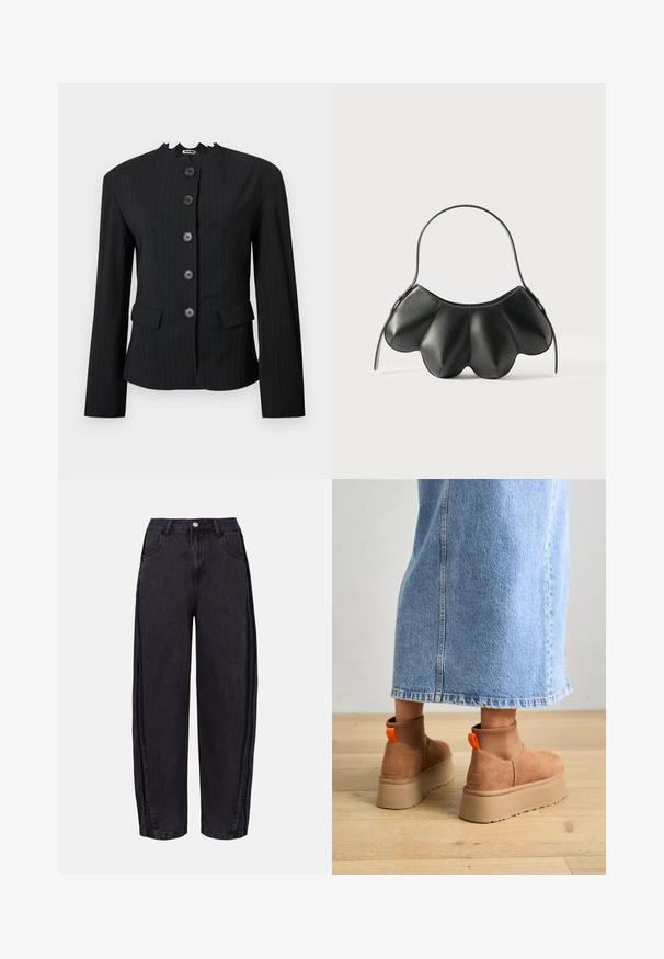 Black pinstriped blazer with a high collar, five button front, and two front pockets. Tailored fit, smooth texture, and structured shoulders.; Black short-sleeve t-shirt with a round neckline, made from soft cotton fabric. Features minimal design with no visible patterns or hardware.; Black wide-leg jeans made of denim with a smooth texture. Features a high waist, front pockets, and button closure at the waistband.; Brown suede platform boots with elastic side panels and orange pull tabs, paired with a knee-length light denim skirt on a wooden floor.; Black leather handbag with a curved shell-like design, featuring a single strap and a zipper closure. Smooth texture with stitched accents.