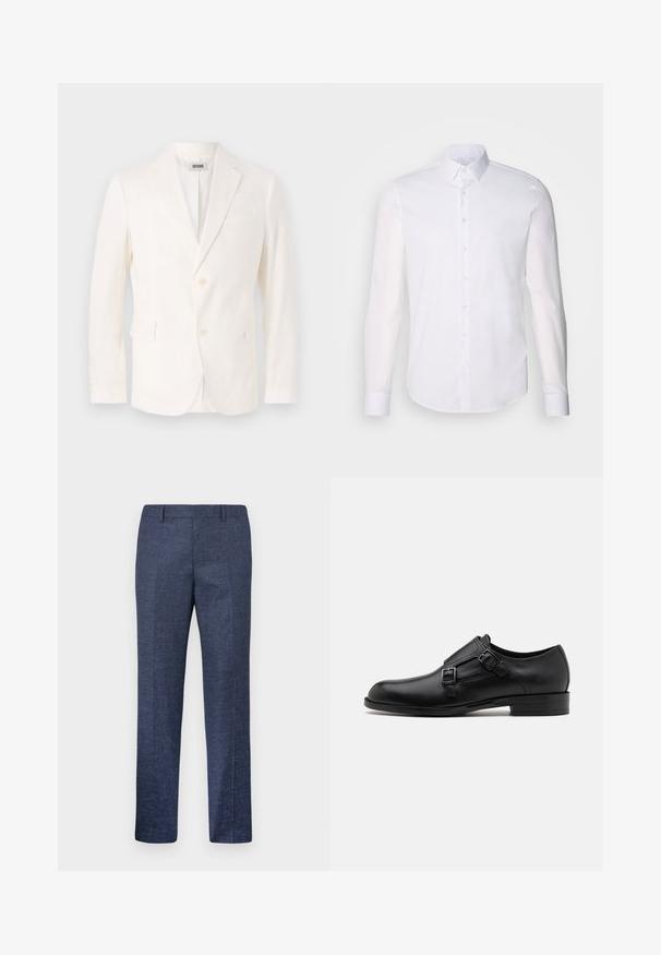 Biely ľahký blejzer s jednostranným zapínaním, klopovými goliermi, dvoma prednými vreckami a zapínaním na tri gombíky. Mäkka textúra, moderný strih.; Biela košeľa s dlhým rukávom, vyrobená z bavlny, s klasickým golierom, prednými gombíkmi a minimálnym prešívaním.; Námornícke modré nohavice vyrobené z textúrovanej látky, s rovnými nohavicami, plochým predkom a dvoma bočnými vreckami. Žiadne viditeľné vzory ani akcenty.; Čierne kožené spoločenské topánky s dvojitými prackami, elegantným siluetou a okrúhlou špičkou. Majú nízky opätok a hladký povrch.