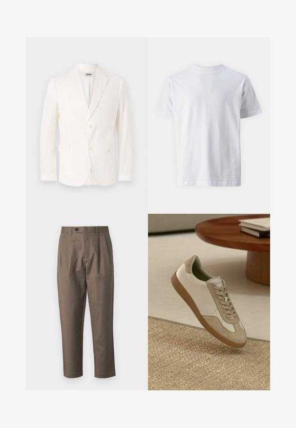 Witte lichtgewicht blazer met een enkelvoudig ontwerp, notch revers, twee voorkiezen en een drukknoopsluiting met drie knopen. Zachte textuur, moderne pasvorm.; Witte korte mouwen t-shirt van katoen, met een ronde hals en een zachte textuur, met een rechte snit en zonder patronen.; Bruine, op maat gemaakte broeken met een rechte voorkant, twee zijzakken en een knoopsluiting. Glad, lichtgewicht stof met een recht model.; Lichte sneaker met een witte leren bovenkant en beige suède accenten, een ronde neus en een gestructureerde bruine rubberen zool.