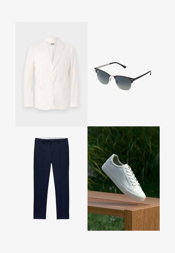 Blazer ligero blanco con diseño de un solo botón, solapas con muesca, dos bolsillos frontales y cierre de tres botones. Textura suave, ajuste moderno.; Camisetas blancas de manga corta apiladas, hechas de algodón. Presentan un cuello redondo y un corte recto. La tela parece suave y sin patrones.; Pantalones azul marino de corte slim con patrón de rayas. Con cremallera, presillas para cinturón y bolsillos frontales. Textura de tela suave.; Zapatilla blanca con cordones flotando sobre un banco de madera con follaje verde al fondo, mostrando el diseño y la textura del zapato.; Gafas de sol negras y plateadas con forma de ojo de gato, lentes degradados y acentos metálicos en la montura. Patillas de plástico con puntas grises.