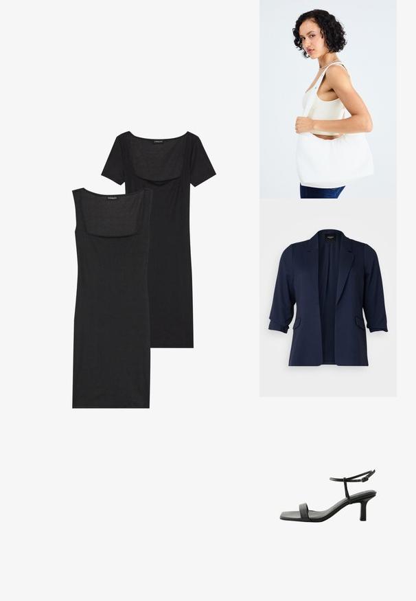Blazer marinero hecho de tejido texturizado, con mangas de tres cuartos, solapas con muesca y dos bolsillos frontales. Diseño de abertura en la parte delantera.; Vestido negro ajustado con escote cuadrado, mangas cortas y textura acanalada. Se muestran dos variaciones: tonos negro claro y negro más intenso.; Next FOREVER COMFORT SIMPLE REGULAR FIT - Sandalias - black; Bolso blanco de hombro hecho de material suave, con un corte ovalado y un diseño de asa ancha. Sencillo y moderno, sin hardware visible.