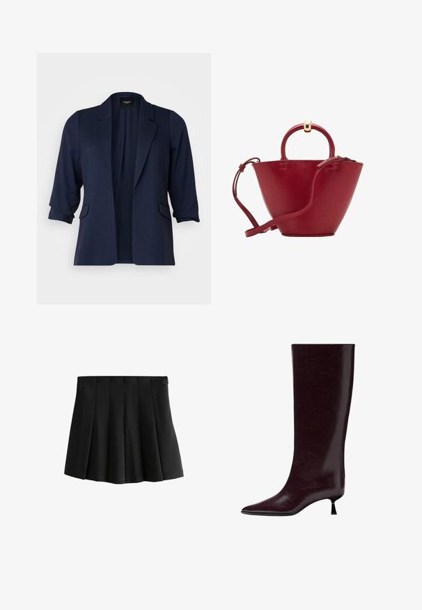 Marineblazer aus strukturiertem Stoff, mit Dreiviertelärmeln, Reverskragen und zwei Fronttaschen. Offenes Design.; Cremfarbener Pullover mit gewelltem Kragen und silbernen Perlenakzenten. Hergestellt aus strukturiertem, weichem Stoff. Verfügt über lange Ärmel und eine lockere Passform.; Schwarzer, plissierter Minirock mit einem glatten Bund und strukturierten, umgekehrten Kastenfalten, isoliert auf weißem Hintergrund.; Knöchelhoher burgunderfarbener Lederstiefel mit einer eleganten, strukturierten Oberfläche, spitzem Zehenbereich und einem dünnen, gestapelten Absatz für zusätzliche Höhe.; Rote Lederhandtasche mit abgerundetem Oberteil, strukturierter Kegelform, einem kurzen Henkel und einem abnehmbaren Schultergurt. Verfügt über Akzente aus goldfarbener Hardware.