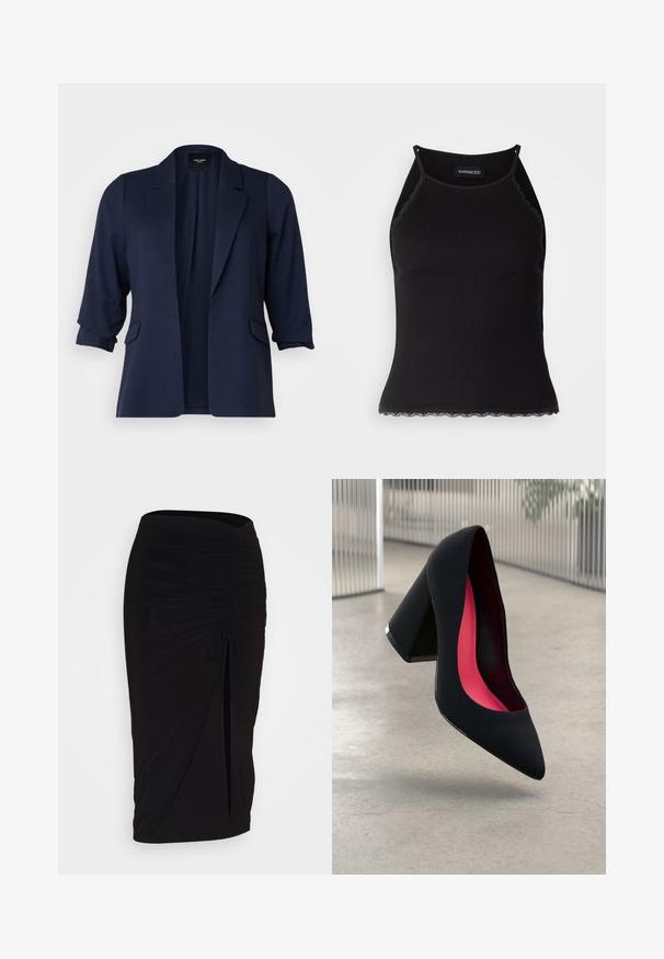 Navy blazer made of textured fabric, featuring three-quarter sleeves, notched lapels, and two front pockets. Open front design.; Black ribbed tank top with scalloped lace trim at the hem. Features thin straps and a fitted design. Made from stretchable fabric.; Black, ruched pencil skirt with tie detail and a side slit. Made from a stretchy fabric, featuring a smooth texture and form-fitting design.; Black high heel shoe with a pointed toe, textured surface, and a vibrant pink interior. Features a chunky heel with silver accent.