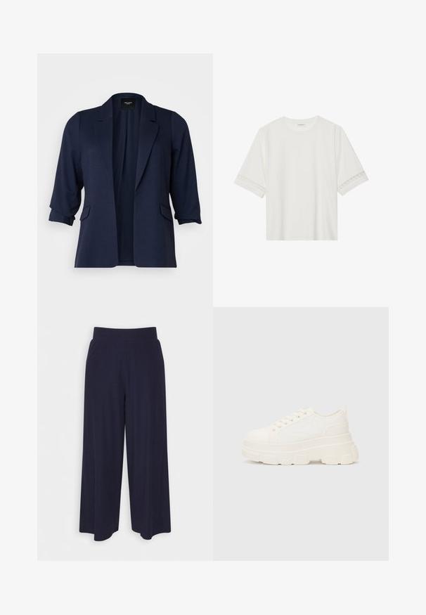 Jūrų laivyno švarkas, pagamintas iš tekstūruoto audinio, su trimis ketvirtadaliais rankovėmis, įpjovomis ant apykaklės ir dviem priekiniu kišenėm. Atviras dizainas.; Balta trumpomis rankovėmis marškinėliai, pagaminti iš medvilnės, su dekoratyviais nėriniais aplink rankoves ir apvaliu kaklu.; Plati kojinės tamsiai mėlynos spalvos audiniu su vagelėmis. Turi lygų juosmenį ir laisvą siluetą, kuris siekia iki pusės blauzdos.; Balti drobės sportbačiai su storu padu, apvalia nosimi ir penkiomis akytėmis raištams. Gale yra kilputė, kad būtų lengva užsidėti. Sklandus paviršius, minimalistinis dizainas.