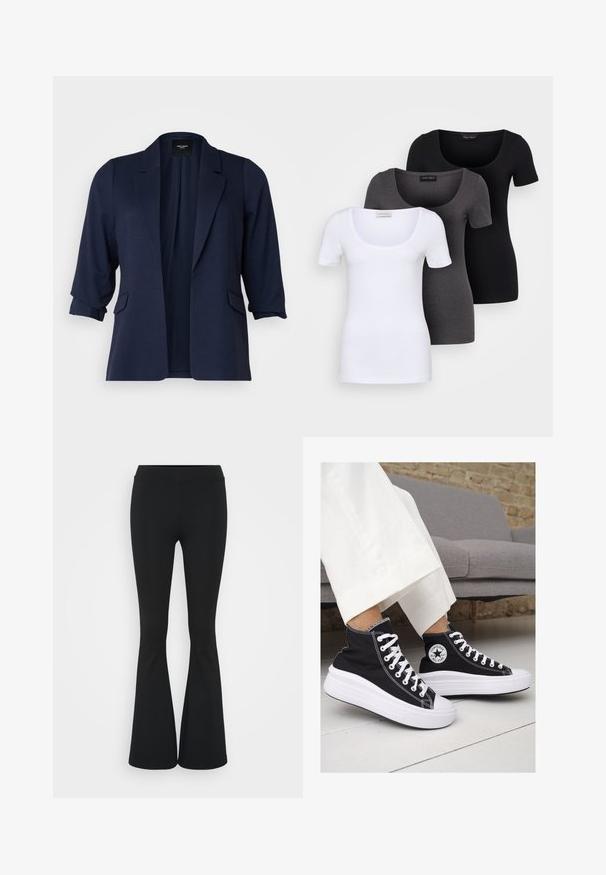 Granatowa marynarka wykonana z teksturowanej tkaniny, z rękawami do trzech kwart, klapami i dwiema przednimi kieszeniami. Otwarty fason.; Trzy dopasowane koszulki w kolorze białym, szarym i czarnym. Każda z nich ma szeroki dekolt w serek i krótkie rękawy. Wykonana z gładkiego, elastycznego materiału.; Czarne spódnice dzwonowe wykonane z elastycznego materiału, z wysokim stanem i gładką fakturą. Spodnie rozszerzają się od kolana.; Czarne trampki typu high-top z białą gumową podeszwą i sznurowadłami. Posiadają okrągłe logo z boku oraz kontrastujące białe szwy.